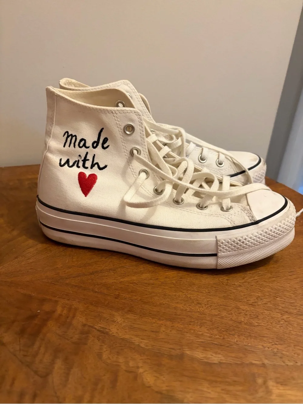 Canvas High-Top Sneakers with Red Heart Embroidery - White